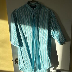 Nautica Turquoise and White Striped Short-Sleeve Button-Down Shirt